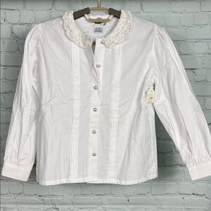 Vintage Eagle’s Eye Kids White Button-Up Cotton Blouse w/ Lace Collar NWT Size S